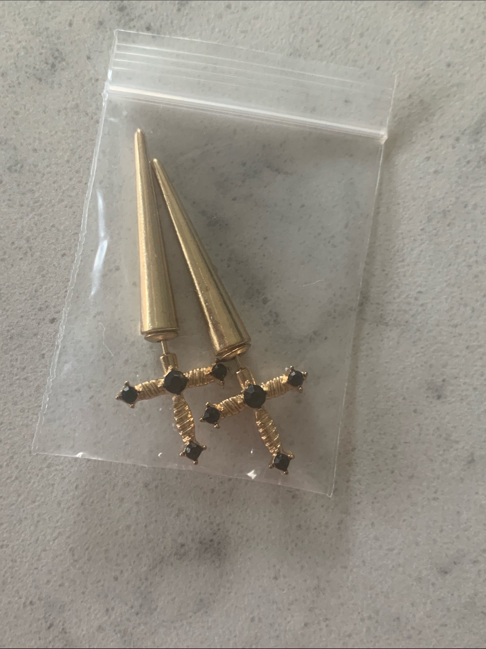 Gold Spike Cross Drop Earrings - Black Stone Accents
